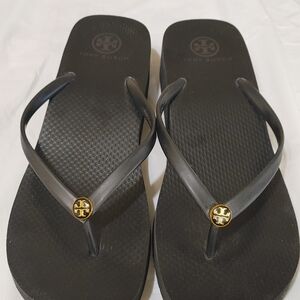 Tory Burch Black Platform Flip Flop Sandals with Gold Logo